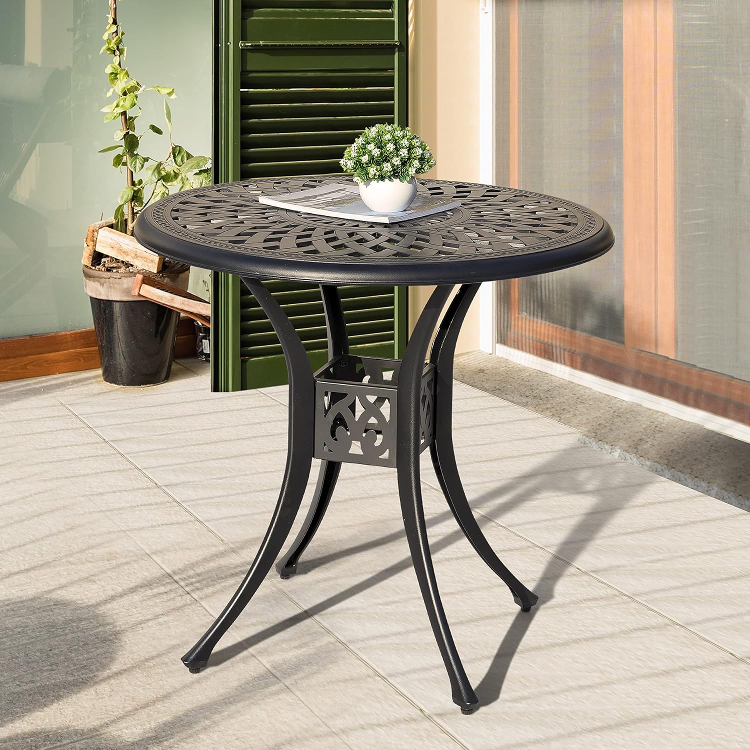 NUU GARDEN 30 Inch Patio Dining Table, Cast Aluminum Round Outdoor Table with Umbrella Hole for Patio, Backyard, Deck-Black