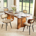 Swivel Dining Chairs with Rattan Back, Rattan Leather Dining Chairs with Swivel Metal Legs, Mid-Century Modern Synthetic Leather Upholstered Kitchen Chair, Set of 2, Beige