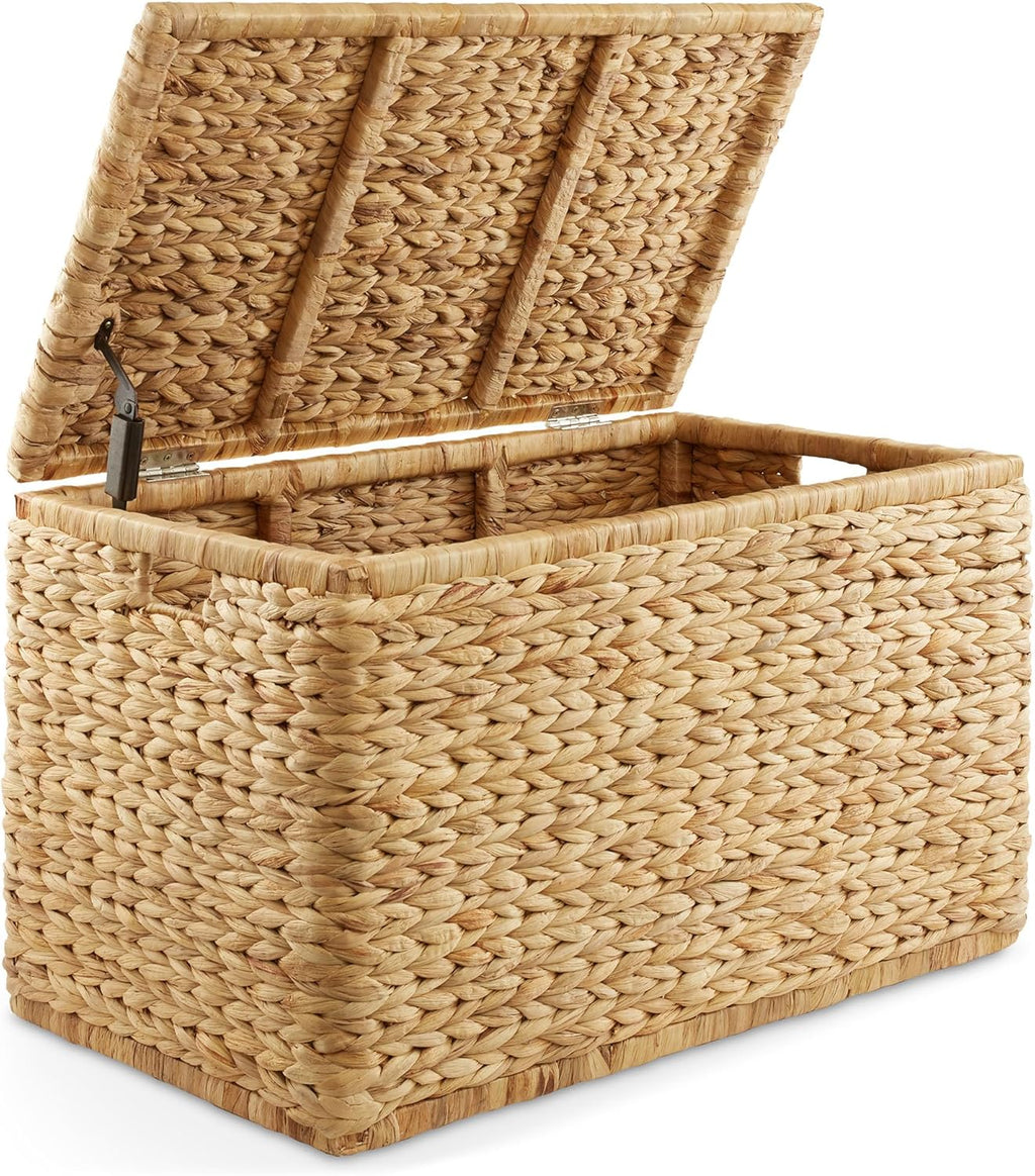 Casafield 30" Storage Chest with Lid, Handles, and Safety Hinge - Natural, Water Hyacinth Wicker Storage Trunk for Entry Way, Living Room, Bedroom