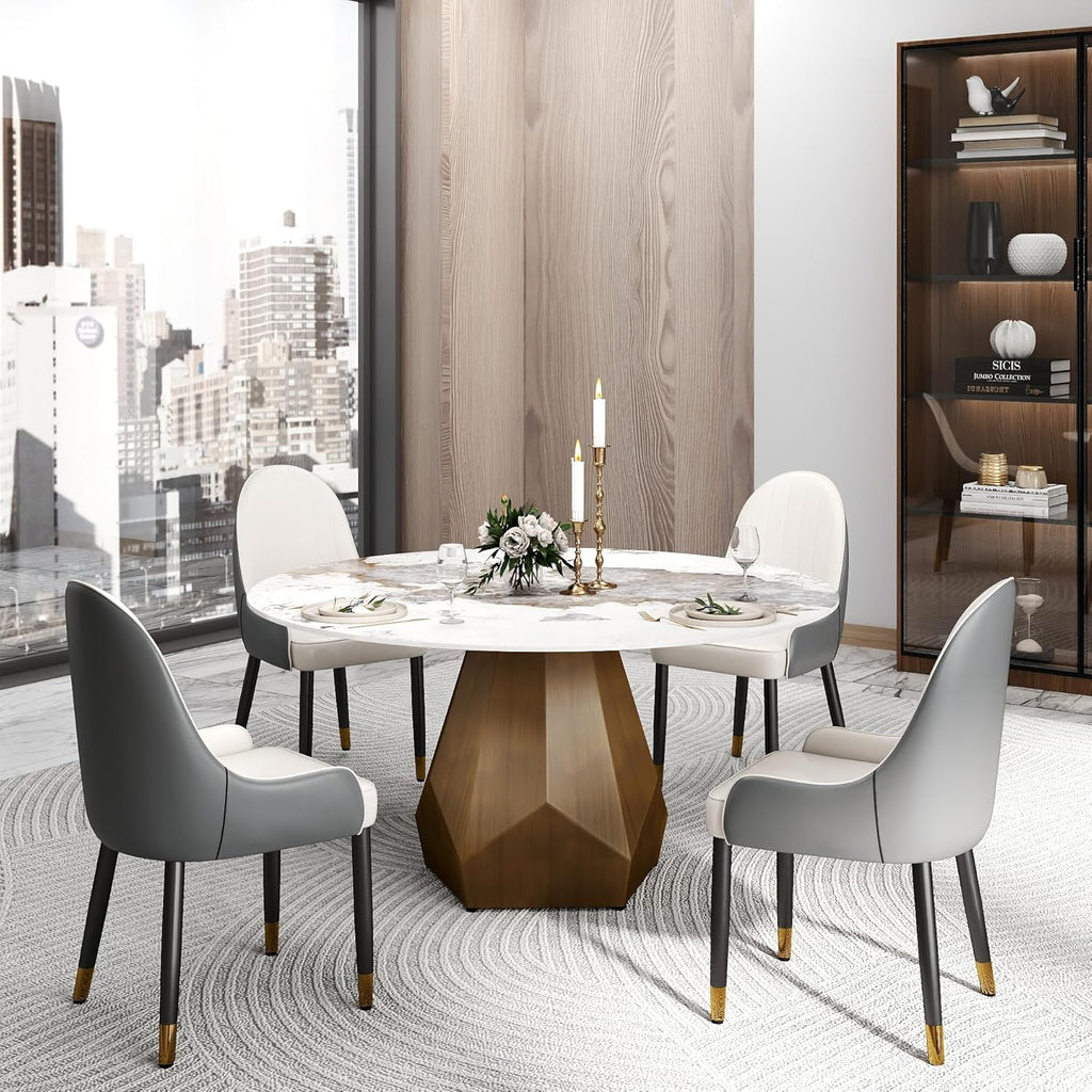 59.05" Round Marble Dining Table with Metal Base, Artificial Marble for 6-8 People, Dining Room/Living Room Kitchen Dining Table