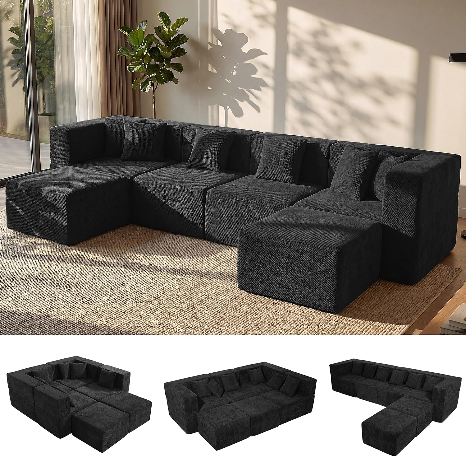 MONVANE 130'' Oversized Boneless Sectional Couches for Living Room, 6-Seat U Shaped Cloud Couch, Modular Sofa with Ottoman & 6 Throw Pillows, Comfy Chenille, No Assembly Required, Black