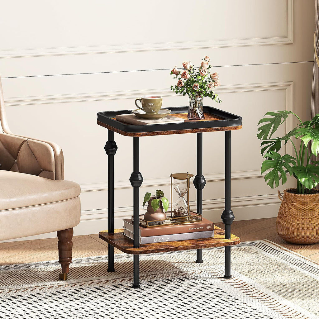 Farmhouse Rectangular Side Table with Storage Shelf,2 Tier End Table with Raised Edge Tray Top, Accent Sofa Table for Small Space, Living Room, Bedroom,Rustic Brown