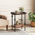 Farmhouse Rectangular Side Table with Storage Shelf,2 Tier End Table with Raised Edge Tray Top, Accent Sofa Table for Small Space, Living Room, Bedroom,Rustic Brown
