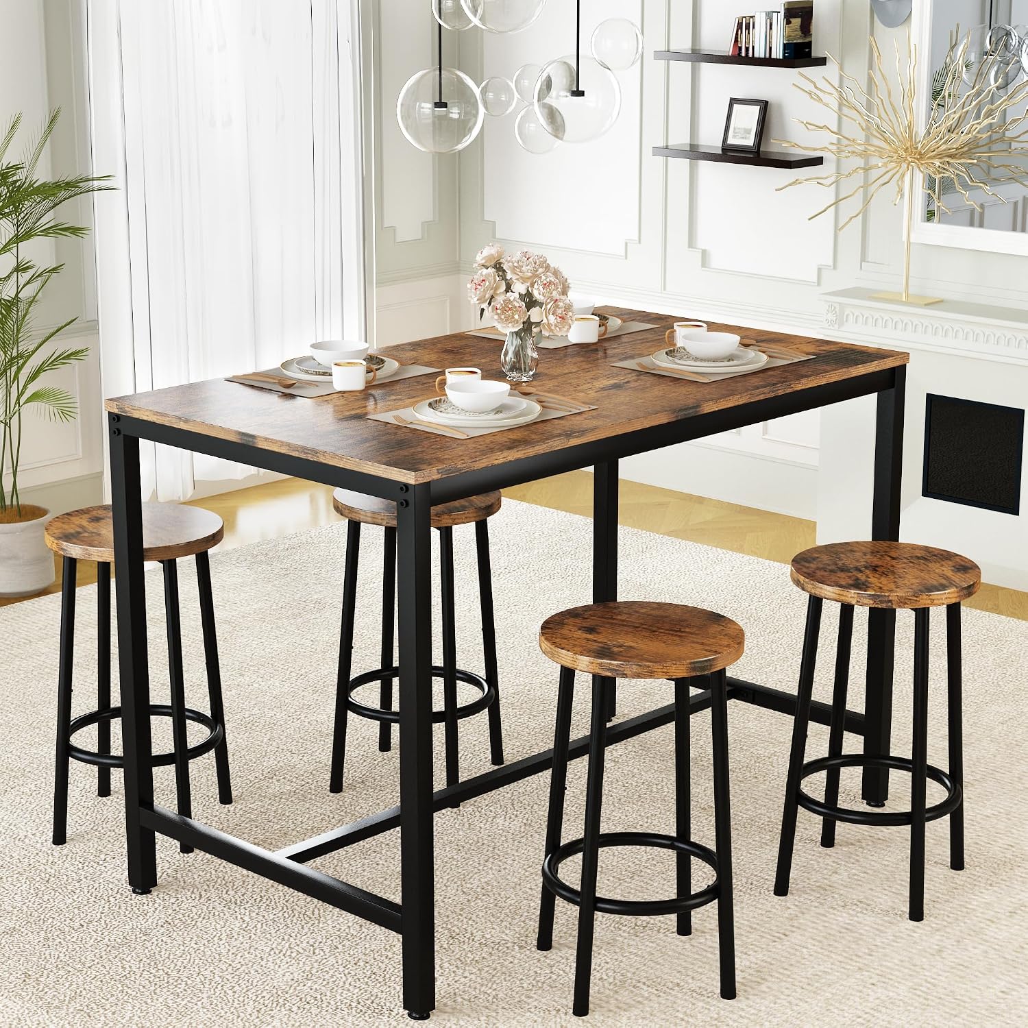 Lamerge Bar Table Set,Industrial Bar Table and Chairs Set,5 Pcs Dining Table Set Counter Height Pub Table with 4 Chairs, Wooden Breakfast Table Set Kitchen Counter,Adjustable Feet,Rustic Vintage
