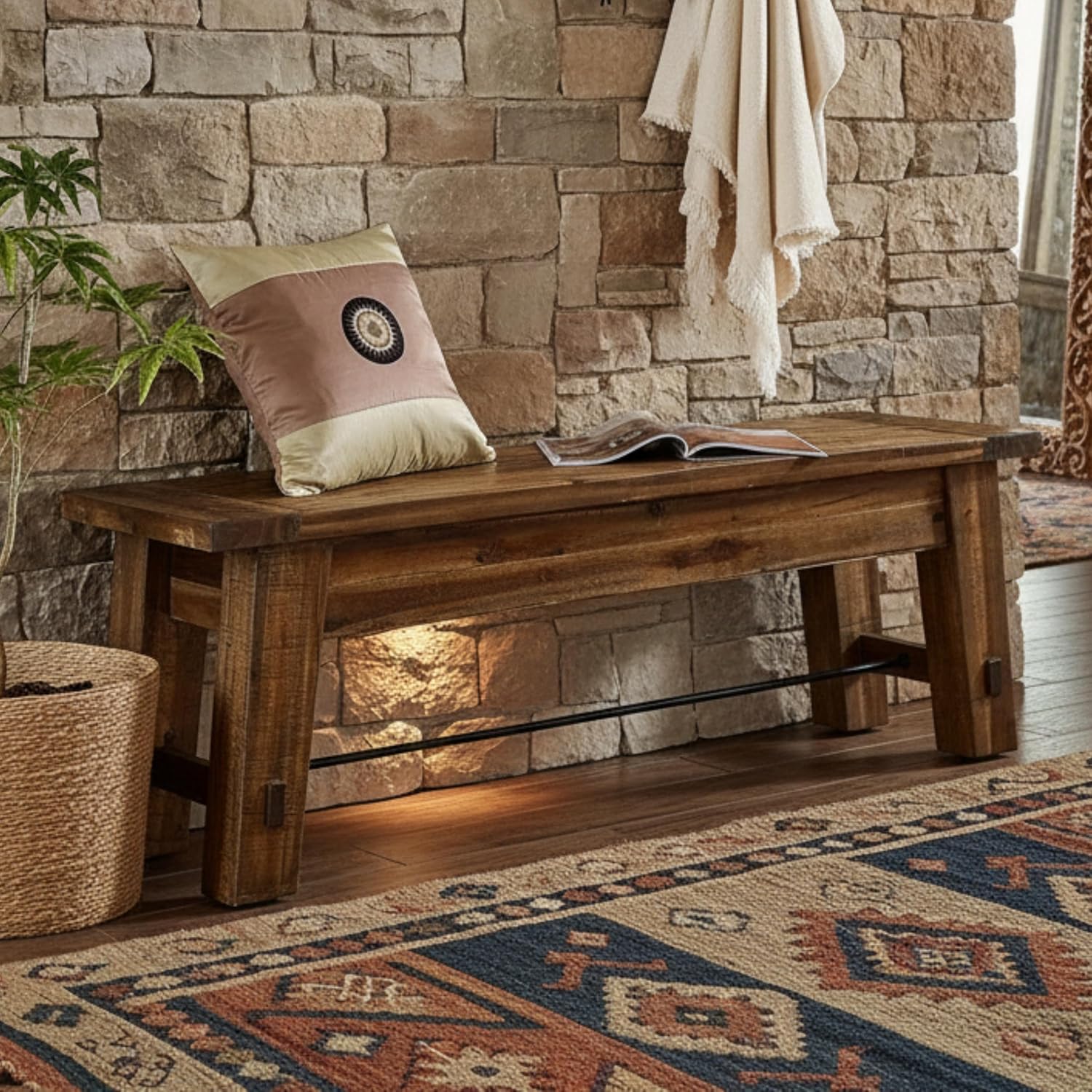 Durango Rustic Farmhouse Style 60-Inch Wood Bench - Industrial Modern Accent Furniture with Solid Wood Seat for Entryway, Dining Room, Hallway, Foyer, or Kitchen by Alaterre Furniture