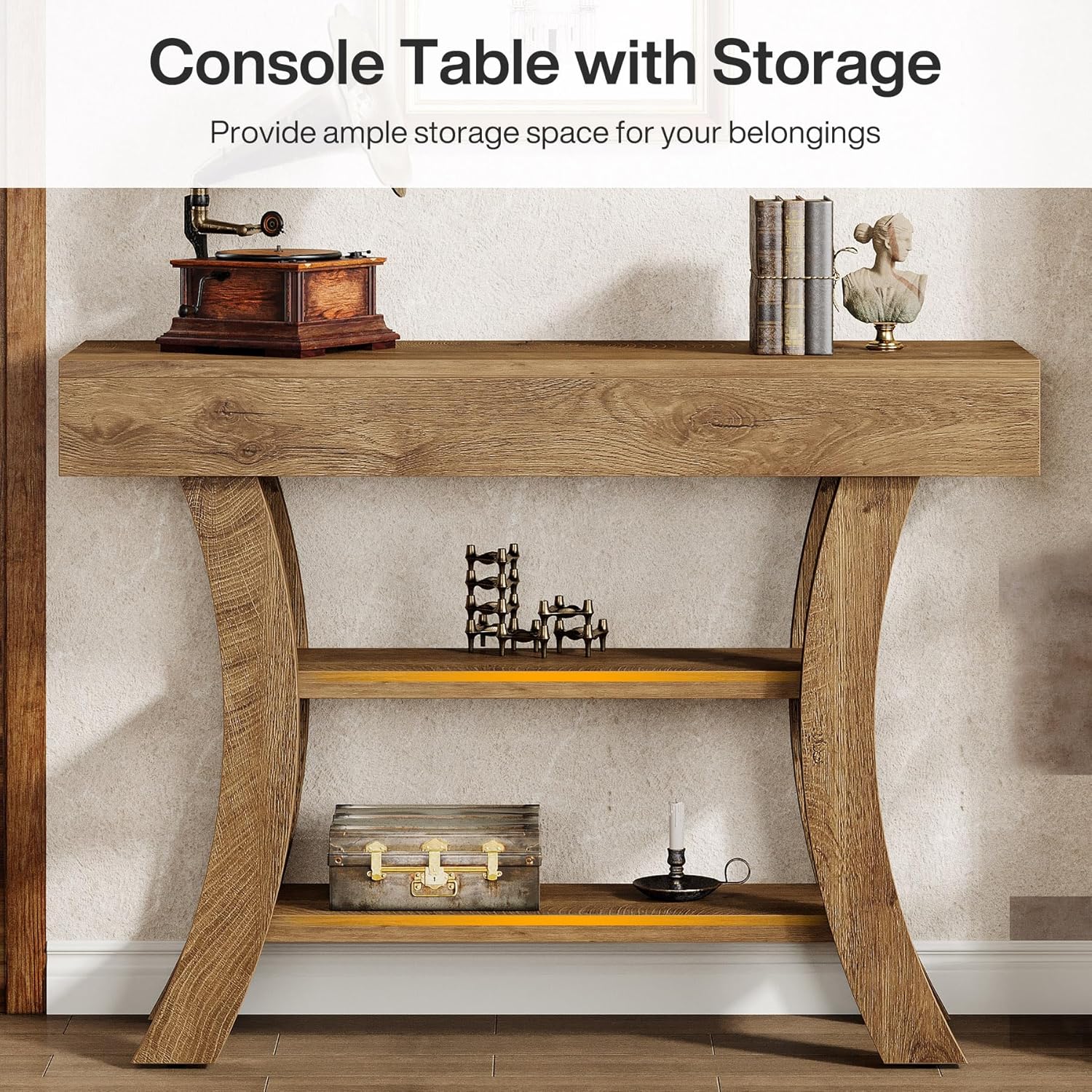 Tribesigns 41" Small Console Table for Entryway, 3-Tier Narrow Rustic Sofa Table with Storage Shelves and Curved Frame for Living Room, Entry, Hallway, Foyer (Oak Brown)