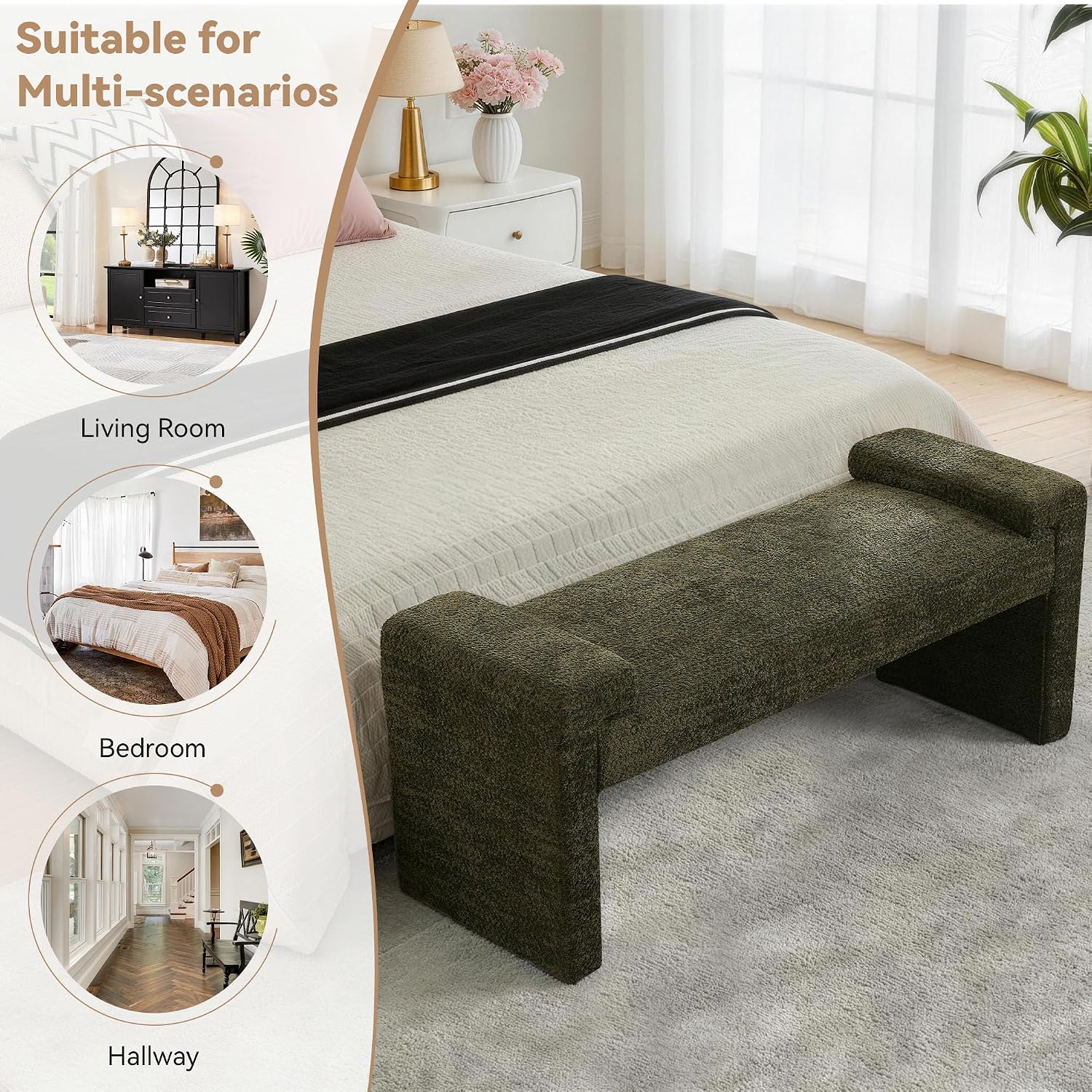 43" Upholstered End of Bed Bench, Entryway Bench with Curved Armrests, Modern Bedroom Bench Seat with Solid Wood Frame for Living Room, Hallway, Green
