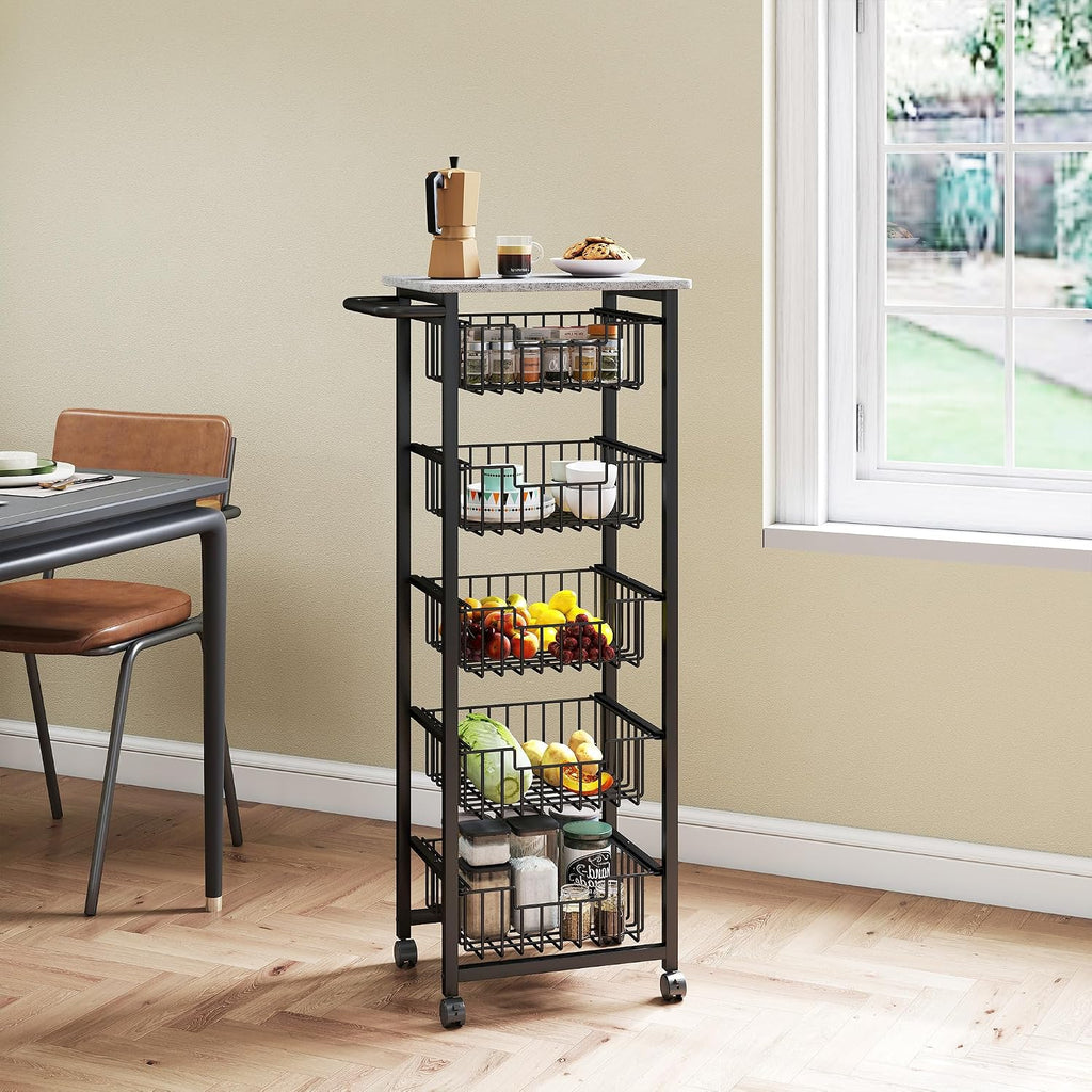 HOMCOM 5-Tier Kitchen Island on Wheels, Rolling Kitchen Storage Trolley with 5 Pull-Out Mesh Baskets, Mobile Utility Serving Cart, Light Grey