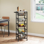 HOMCOM 5-Tier Kitchen Island on Wheels, Rolling Kitchen Storage Trolley with 5 Pull-Out Mesh Baskets, Mobile Utility Serving Cart, Light Grey