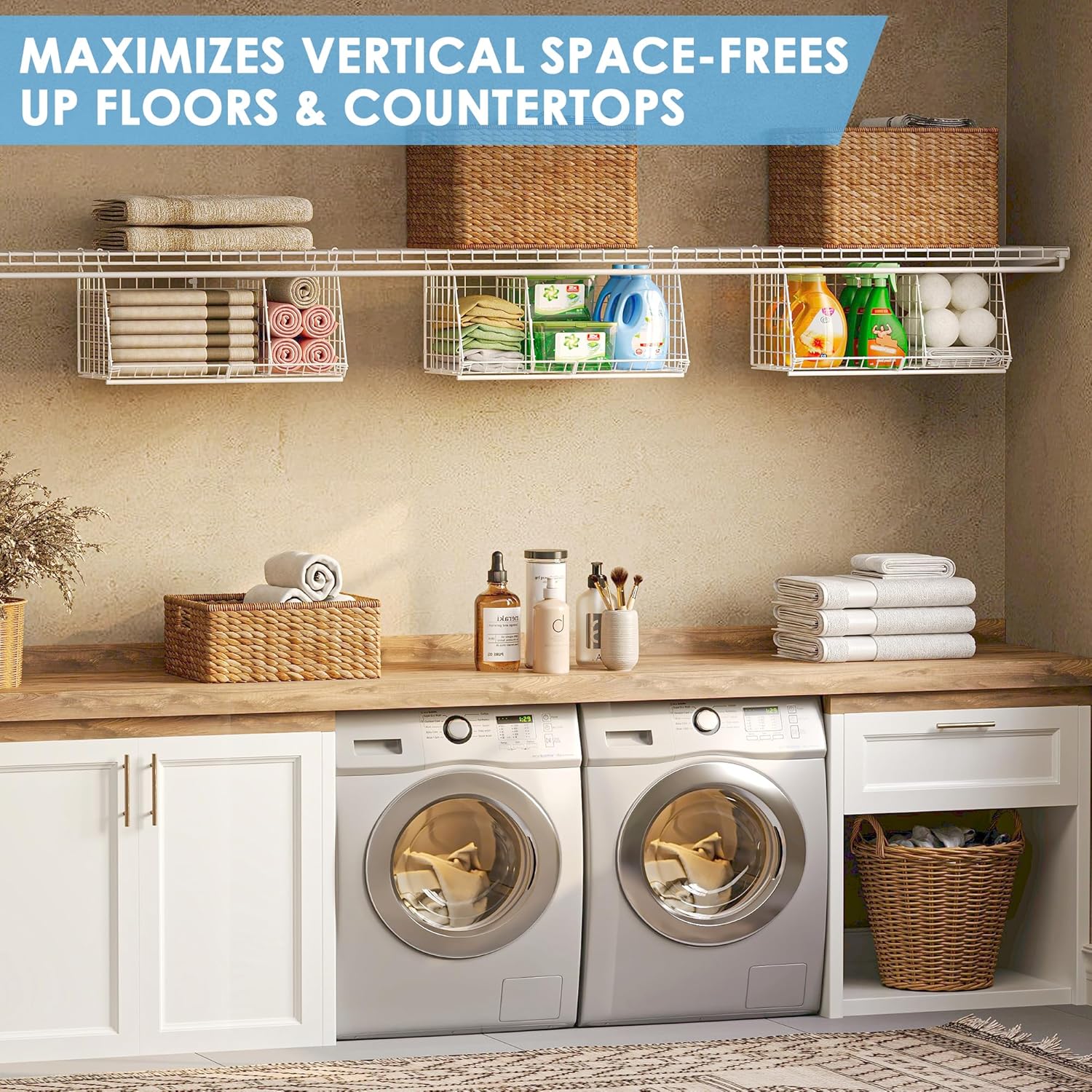 23.62” Extra-Long Under-Shelf Hanging Laundry Basket Organizer, 3-Pack Space-Saving Laundry Organizer, Fits Wire Shelving (Rod Diameter < 0.38”), Modular with Dividers for Custom Laundry Organization