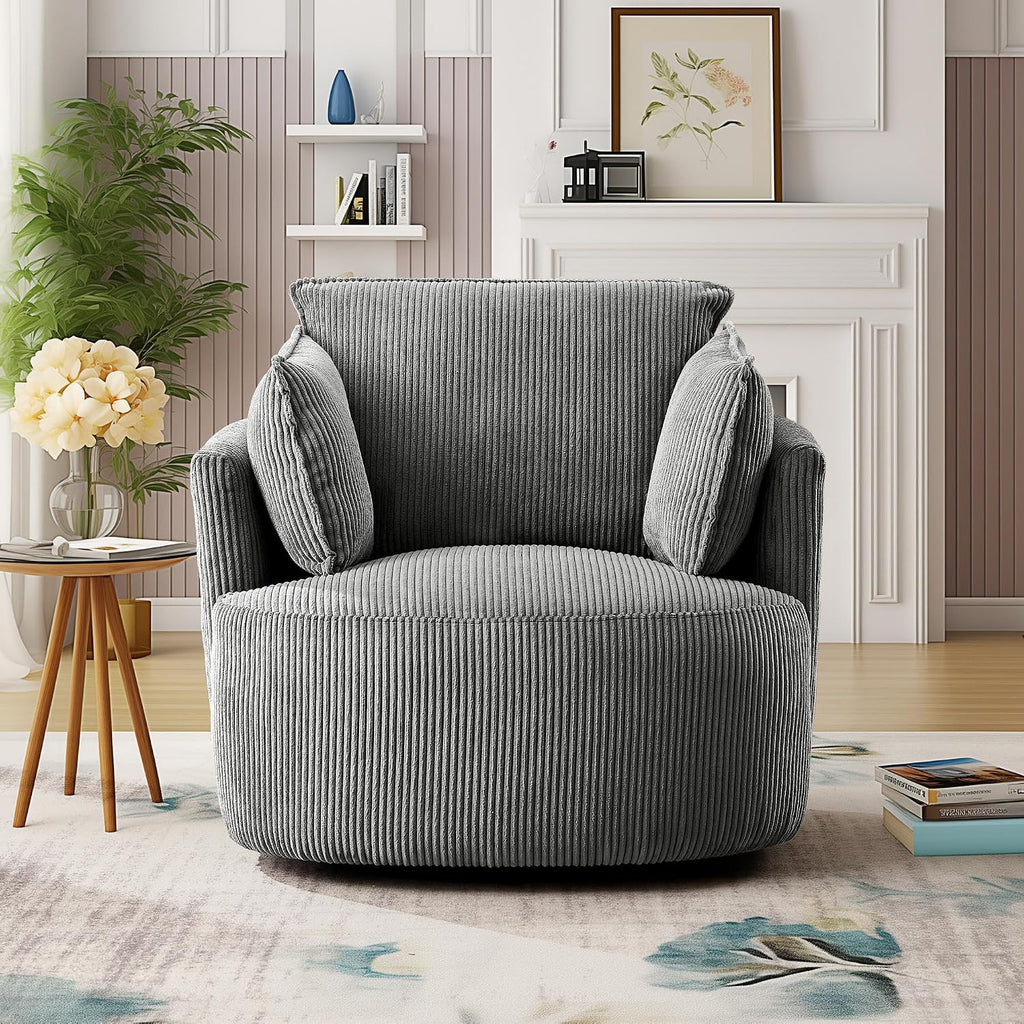 Swivel Accent Chair Round Barrel Armchair Upholstered Living Room Chair Corduroy Reading Chair Single Sofa Chair for Bedroom Apartment Office (Grey, Standard 1Seater)