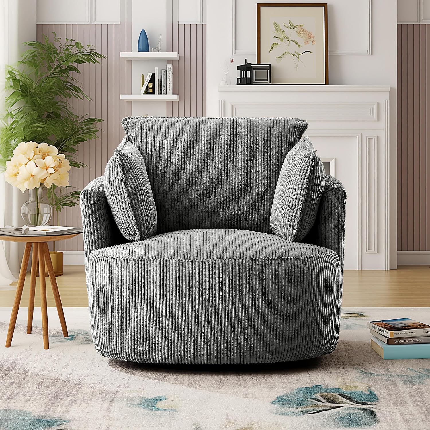 Swivel Accent Chair Round Barrel Armchair Upholstered Living Room Chair Corduroy Reading Chair Single Sofa Chair for Bedroom Apartment Office (Grey, Standard 1Seater)