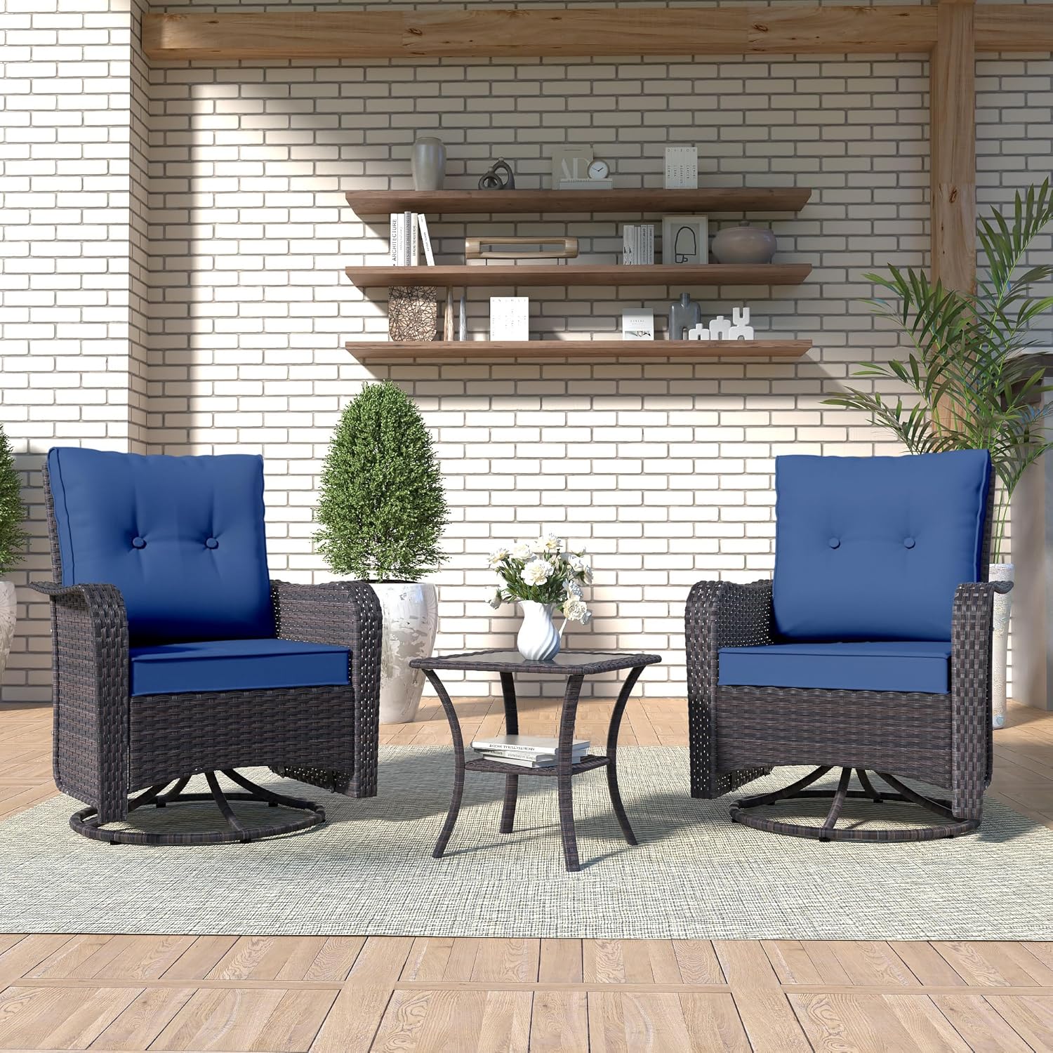 Kurapika 3 Pieces Patio Furniture Set Outdoor Swivel Gliders Rocker, Wicker Patio Bistro Set, Rattan Rocking Chair with Tempered Glass Side Table and Thickened Cushions (Navy Blue)