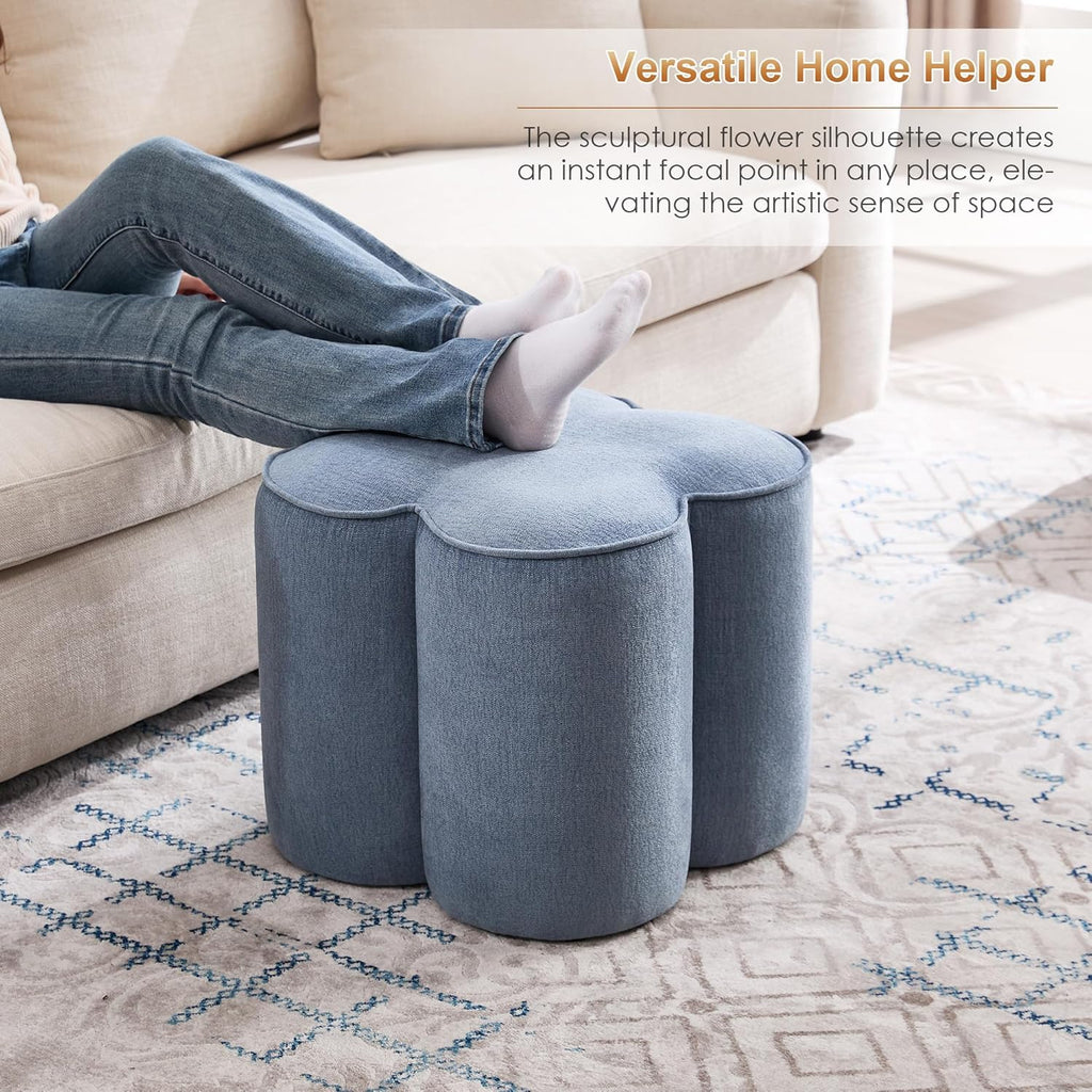 Zesthouse Flower Pouf Ottoman Foot Rest, Linen Fabric Poofy Ottoman Footstool for Couch Sofa, Modern Living Room Stool Seat for Under Entry Table, Cute Square Vanity Stool for Bedroom Dorm, Blue
