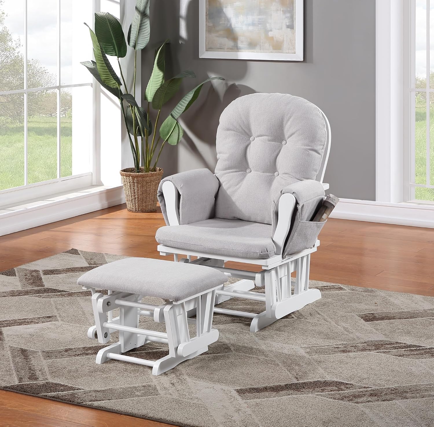 Penau Glider Ottoman, Quiet Gliding, Gray Fabric, Button Tufted | Soft Quiet Gliding, Nursery Bonding Use, Button Tufted Cushion, Side Storage Pocket, Ottoman
