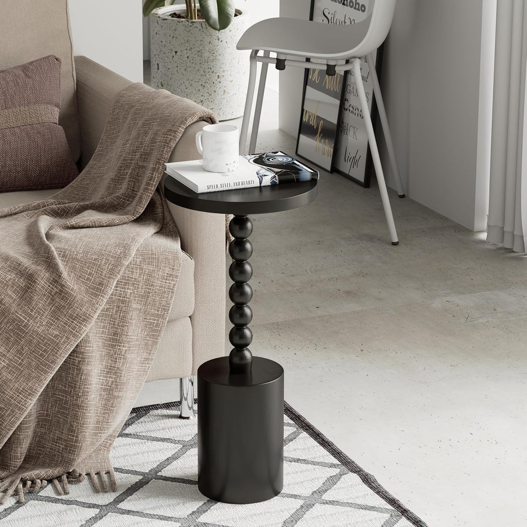 COZAYH Black Wood End Table with Round Top and Decorative Beaded Pedestal, Modern Accent Side Table Drink Table for Living Room, Small Spaces