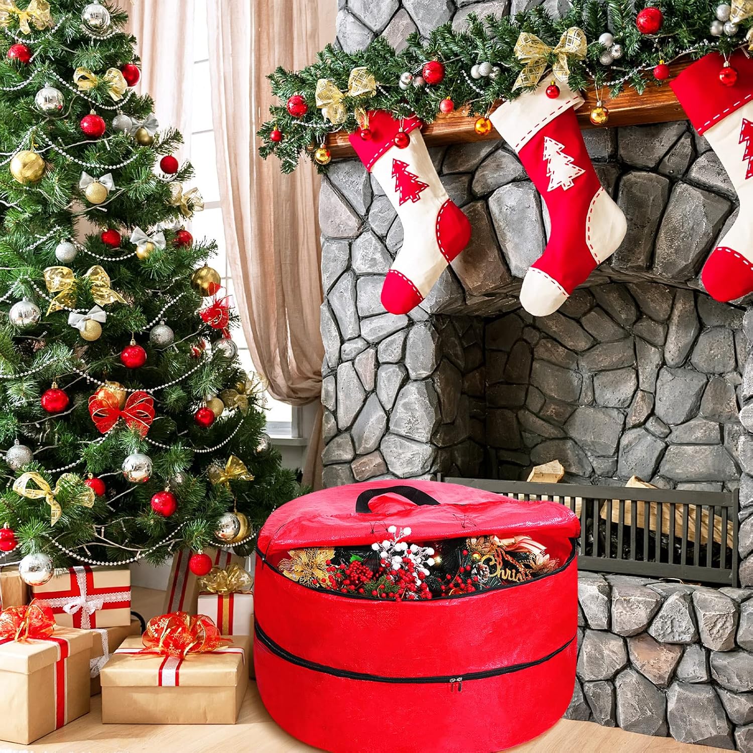 Double Layer Christmas Wreath Storage Container Bags Double Wreath Storage Container Zippered Bag with Handle Festive Storage Box Storage for Xmas Garlands, Red(2 Pcs,24 Inch)