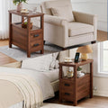 Farmhouse Side Table with Charging Station and 2 Drawers, Antique Nightstand with Open Shelf, Bedside Table for Bedroom and Living Room (Drawer Charger, Walnut)