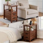 Farmhouse Side Table with Charging Station and 2 Drawers, Antique Nightstand with Open Shelf, Bedside Table for Bedroom and Living Room (Drawer Charger, Walnut)