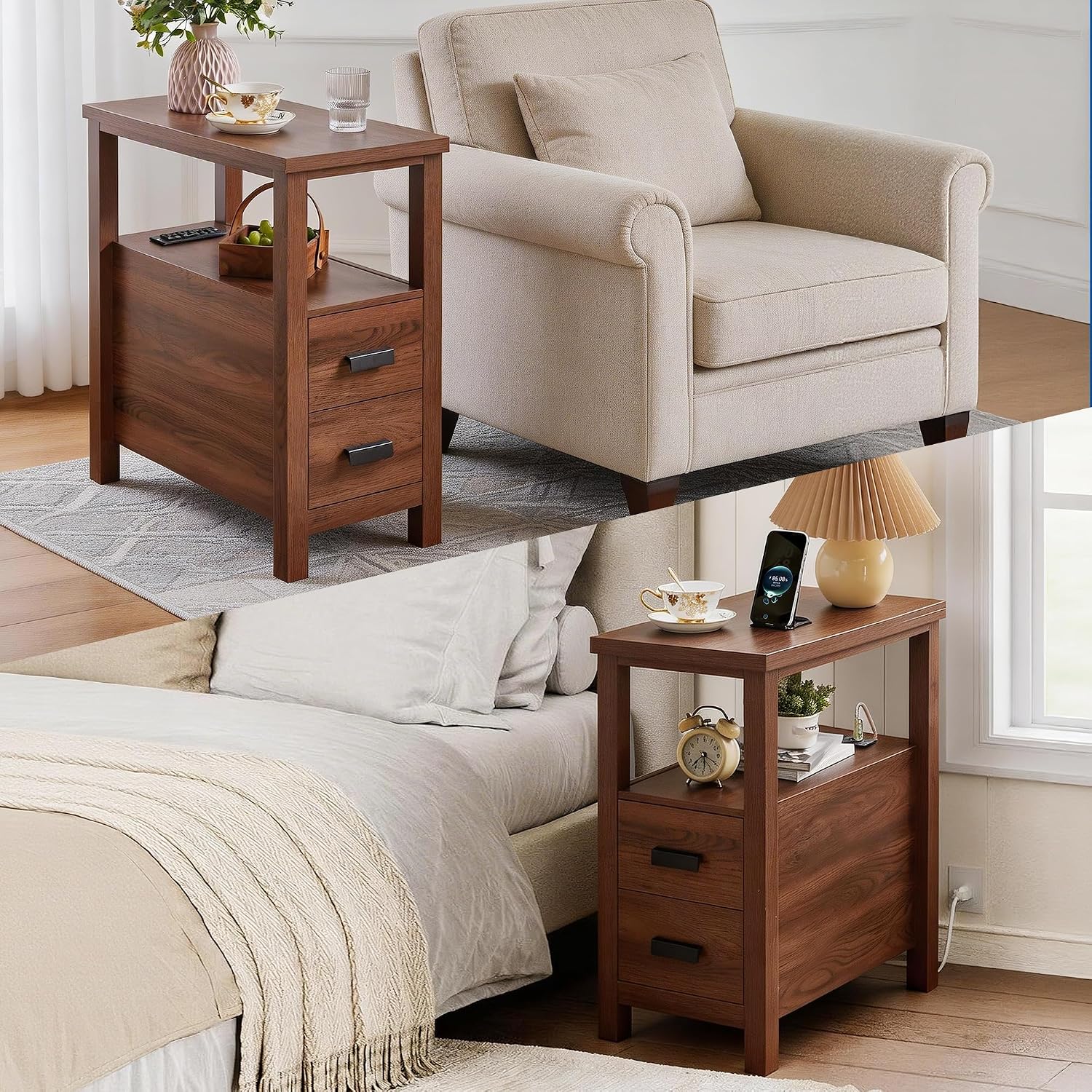 Farmhouse Side Table with Charging Station and 2 Drawers, Antique Nightstand with Open Shelf, Bedside Table for Bedroom and Living Room (Drawer Charger, Walnut)