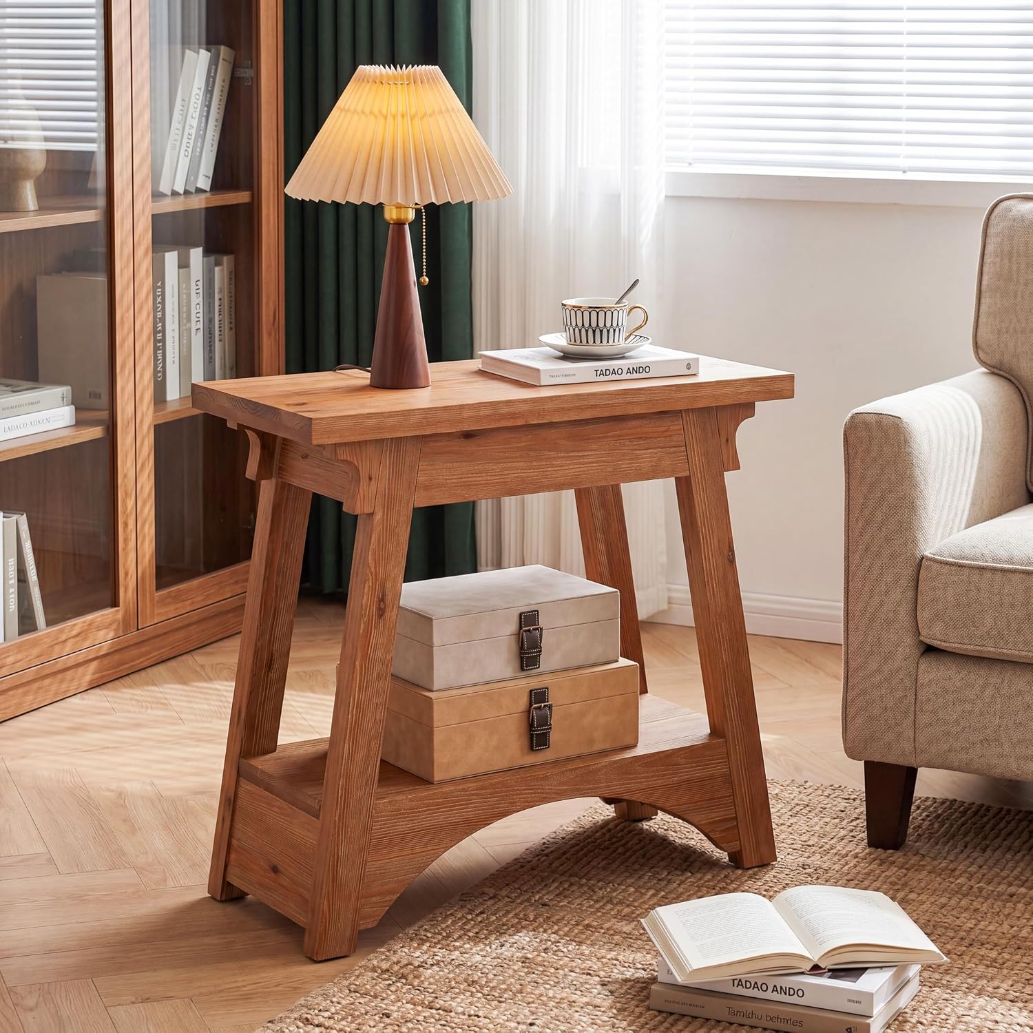 End Table for Living Room, Solid Wood Side Table with Storage, Farmhouse Narrow Nightstand for Bedroom, Small Spaces, Rustic Brown