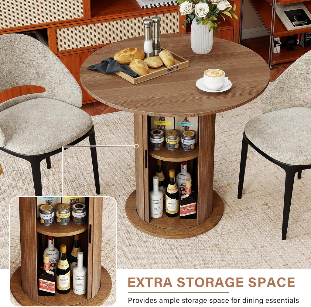 Round Dining Table with Storage,31.5" Modern Storage Kitchen Table for 2-4 People with Curved Sliding Door Fluted Wood Thickened Tabletop for Dining Room/Kitchen/Living Room,Brown