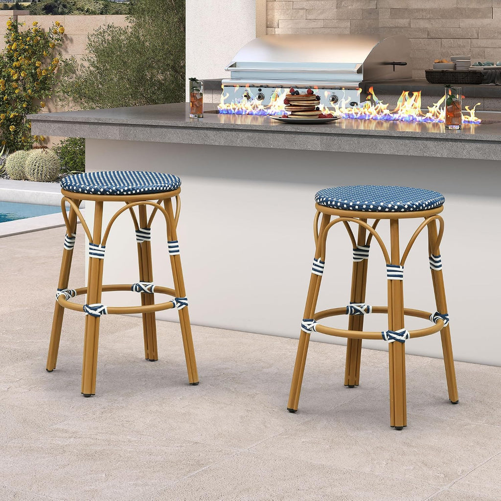 PURPLE LEAF Outdoor French Round 30" Bar Stool Set of 2 Oversized Backless Stackable Bar Chairs with Rattan Wicker Bamboo Print Aluminum Frame for Patio Island Poolside Bistro Deep Blue