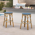 PURPLE LEAF Outdoor French Round 30" Bar Stool Set of 2 Oversized Backless Stackable Bar Chairs with Rattan Wicker Bamboo Print Aluminum Frame for Patio Island Poolside Bistro Deep Blue