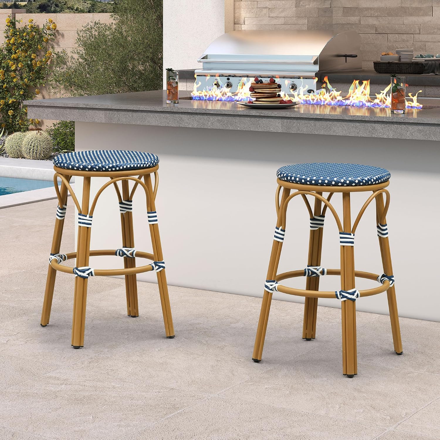 PURPLE LEAF Outdoor French Round 30" Bar Stool Set of 2 Oversized Backless Stackable Bar Chairs with Rattan Wicker Bamboo Print Aluminum Frame for Patio Island Poolside Bistro Deep Blue