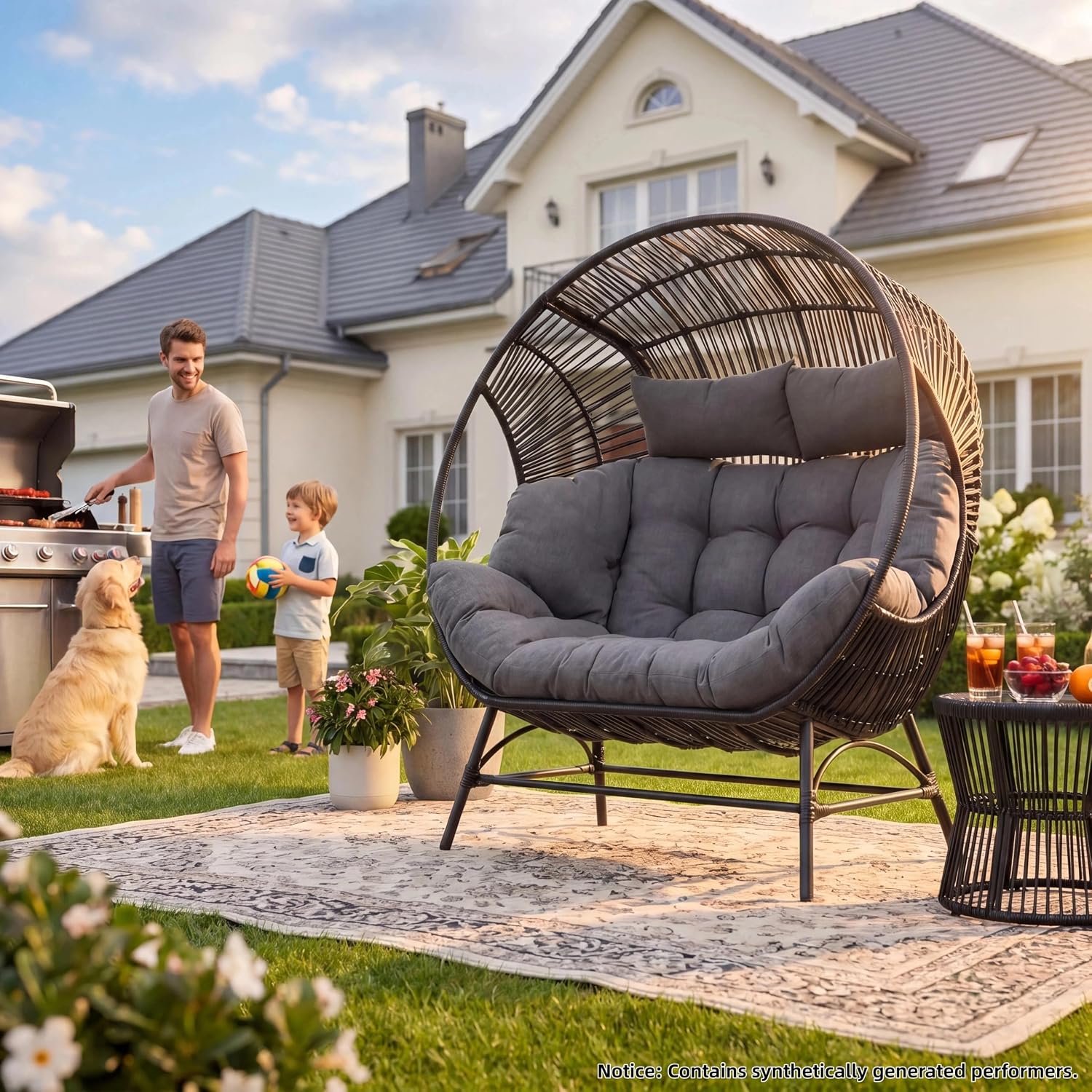 IRONCK Outdoor Round Egg Chair with Armrest, Double Lounge Chair with Cushions and Headrests, Wicker Egg Seat for Patio Backyard, Black
