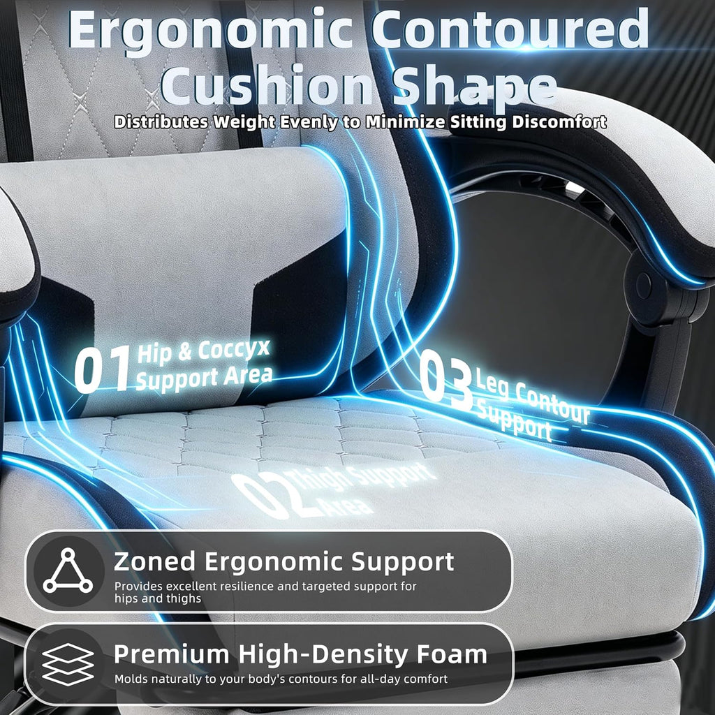 Gaming Chair for Adults, Fabric Gaming Chair with Footrest and Pocket Spring Cushion, Ergonomic Gamer Chair with Lumbar Support, Reclining Computer Gaming Chair with High Back, Grey