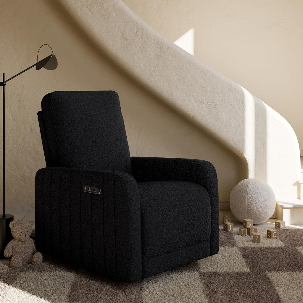 Storkcraft Kyoto Deluxe Power Recliner Swivel Glider (Black Boucle) – Premium Electronic Power Recliner for Nursery, Includes Dual-USB Charging Port with USB-A & USB-C, Glider Rocking Chair