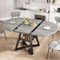 Expandable Kitchen Dining Table for 4-6, Oval Round Dining Table with Storage Shelf and Removable Extension Leaf, Space Saving Pedestal Table for Dining Room, Modern Industrial Style (Grey)