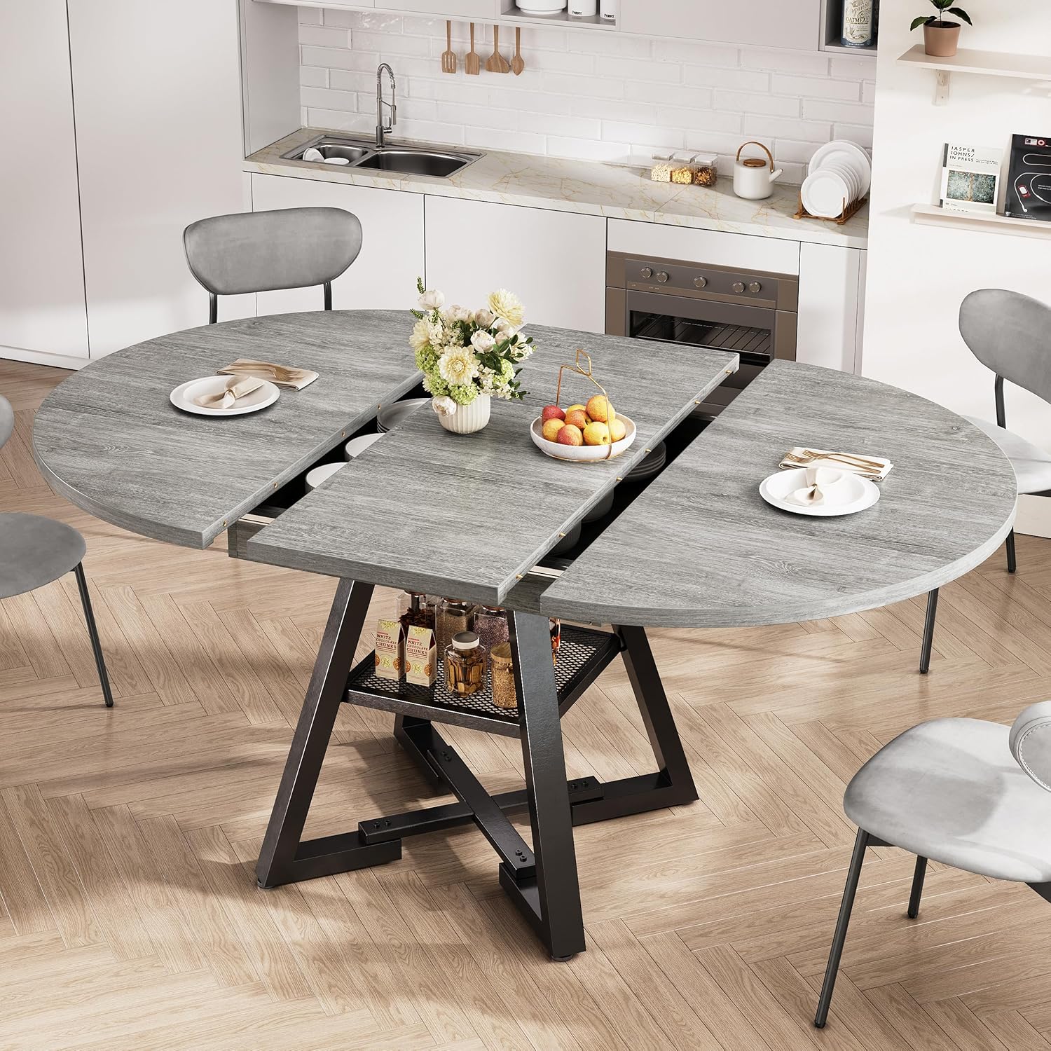 Expandable Kitchen Dining Table for 4-6, Oval Round Dining Table with Storage Shelf and Removable Extension Leaf, Space Saving Pedestal Table for Dining Room, Modern Industrial Style (Grey)