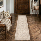 2x8 Beige Washable Runner Rug for Hallway Kitchen Soft Low Pile Lightweight Runner Rug Non Slip Vintage Accent Carpet Bathroom Front Door Beside Bed Home Decor