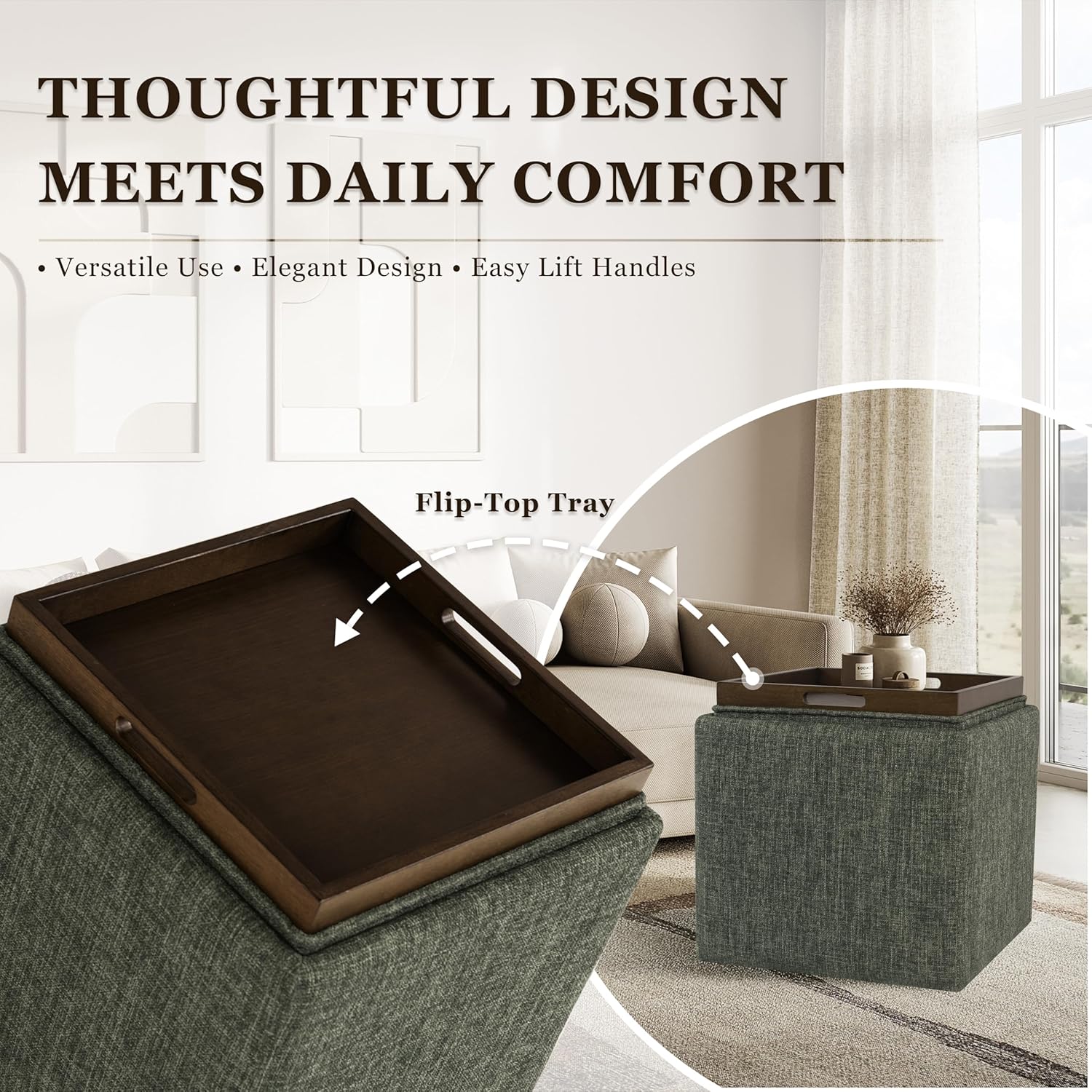 HomePop Home Decor Storage Ottoman with Tray Top|Upholstered Modern Square Storage Ottoman with Storage for Living Room & Bedroom, Green Clover Fabric