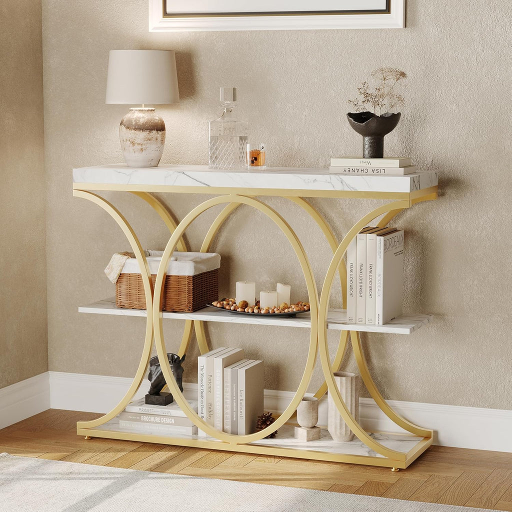 Garvee 39" Narrow Console Tables for Entryway, Industrial 3-Tier Sofa Table with Round Metal Base and Storage Shelves for Living Room, Hallway, Foyer, Gold and White Marble