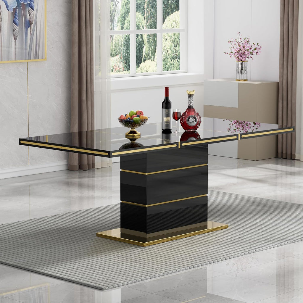 Luxury 70" Black High Gloss Rectangular Dining Table with 1.5" Thick Tabletop, Gold Accent Trims & Sturdy Pedestal Base, Elegant Modern Dining Table for 4-6 People, Kitchen & Dining Room Furniture