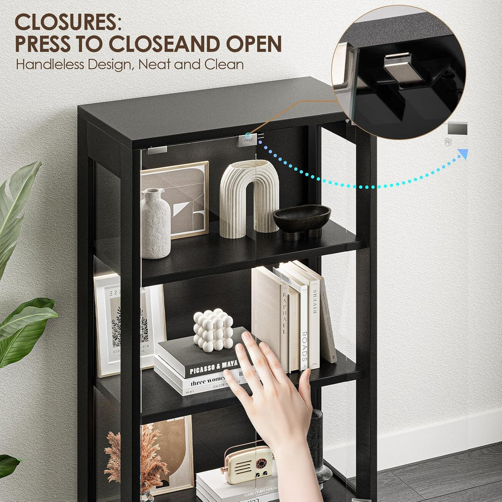 Airynee Display Cabinet with Glass Doors, 4-Tier Curio Cabinet with 7 Vibrant 3 Color Dynamic Lighting Modes, HD Glass Display Case with Human Body Sensor, Bookcase, Storage Cabinets