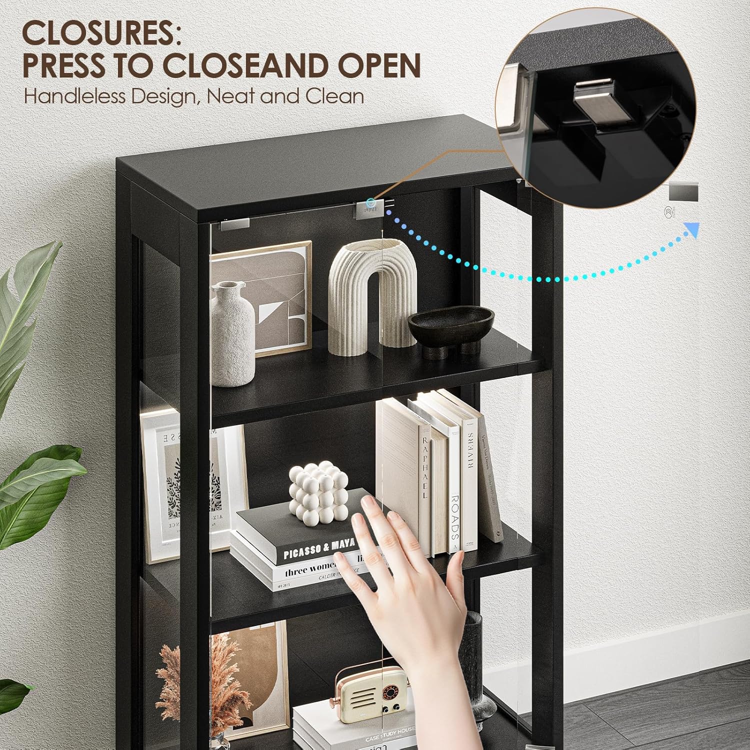 Airynee Display Cabinet with Glass Doors, 4-Tier Curio Cabinet with 7 Vibrant 3 Color Dynamic Lighting Modes, HD Glass Display Case with Human Body Sensor, Bookcase, Storage Cabinets