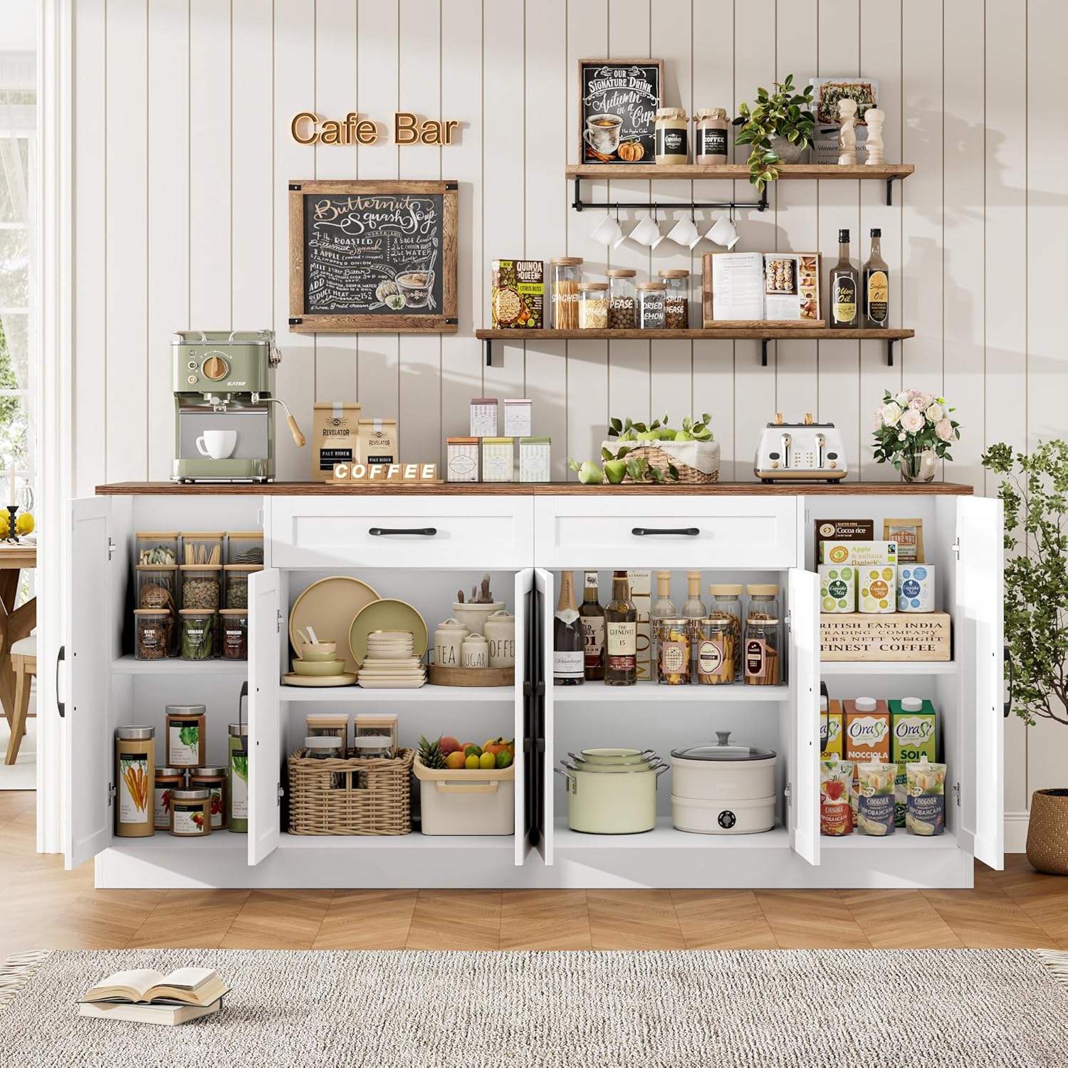 BOTLOG 71” Large Buffet Cabinet with Storage, Sideboard Buffet Cabinet with Adjustable Shelves and 6 Soft-Close Doors, Wood Coffee Bar Console Table for Kitchen, Dining Room, White
