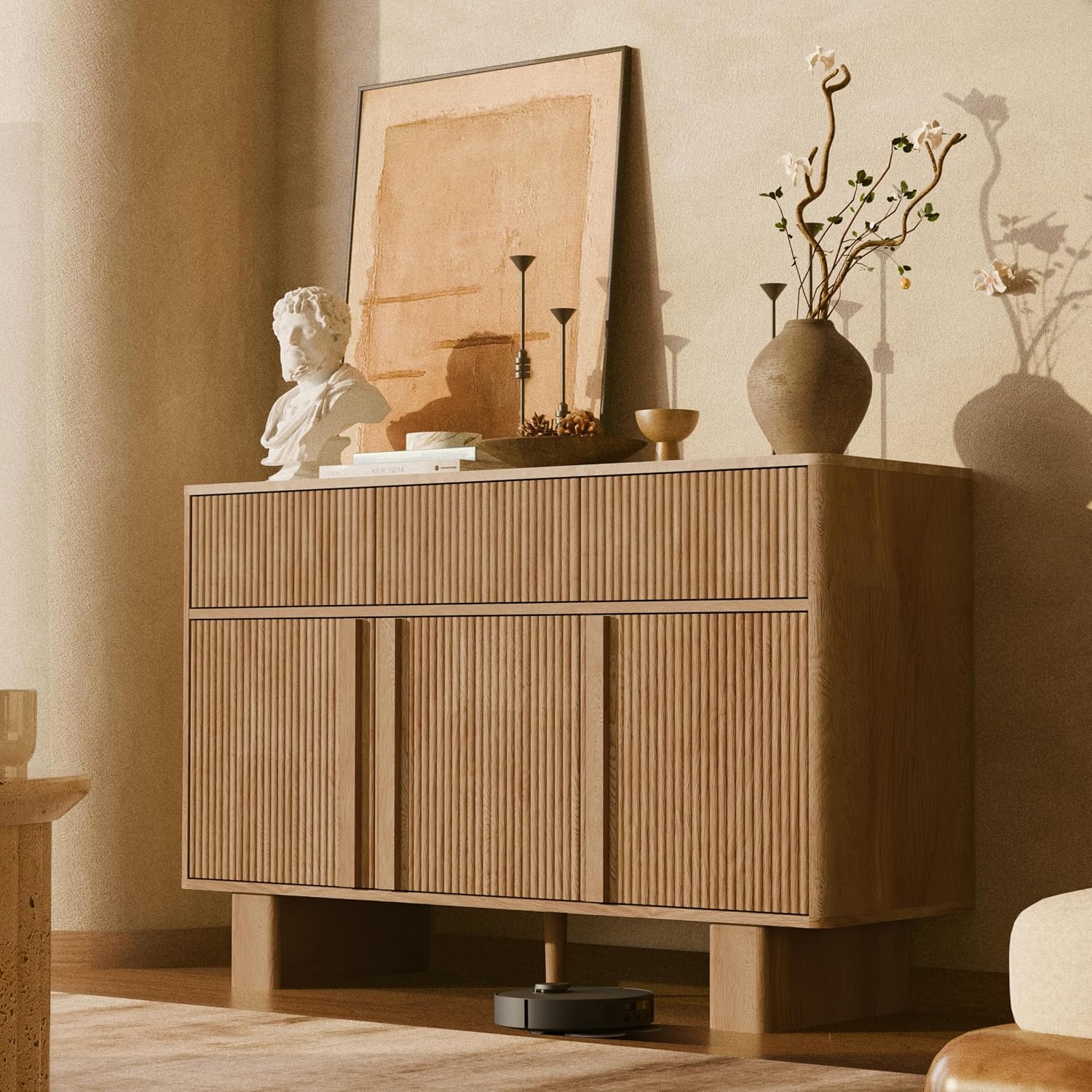 47" Wide Sideboard Buffet Cabinet with Storage, Modern Buffet with 3 Drawers and 3 Doors, Storage Cabinet with 2 Reinforced Legs for Kitchen, Living Room, Natural Oak