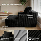 Chaise Lounge Chair, Plush Velvet Corduroy Boneless Sofa Bed for Kids, Teens & Adults, Compact Deep Seat for Bedroom Playroom Dorm & Small Apartment, 33D Foam, Anti-Skid, Black