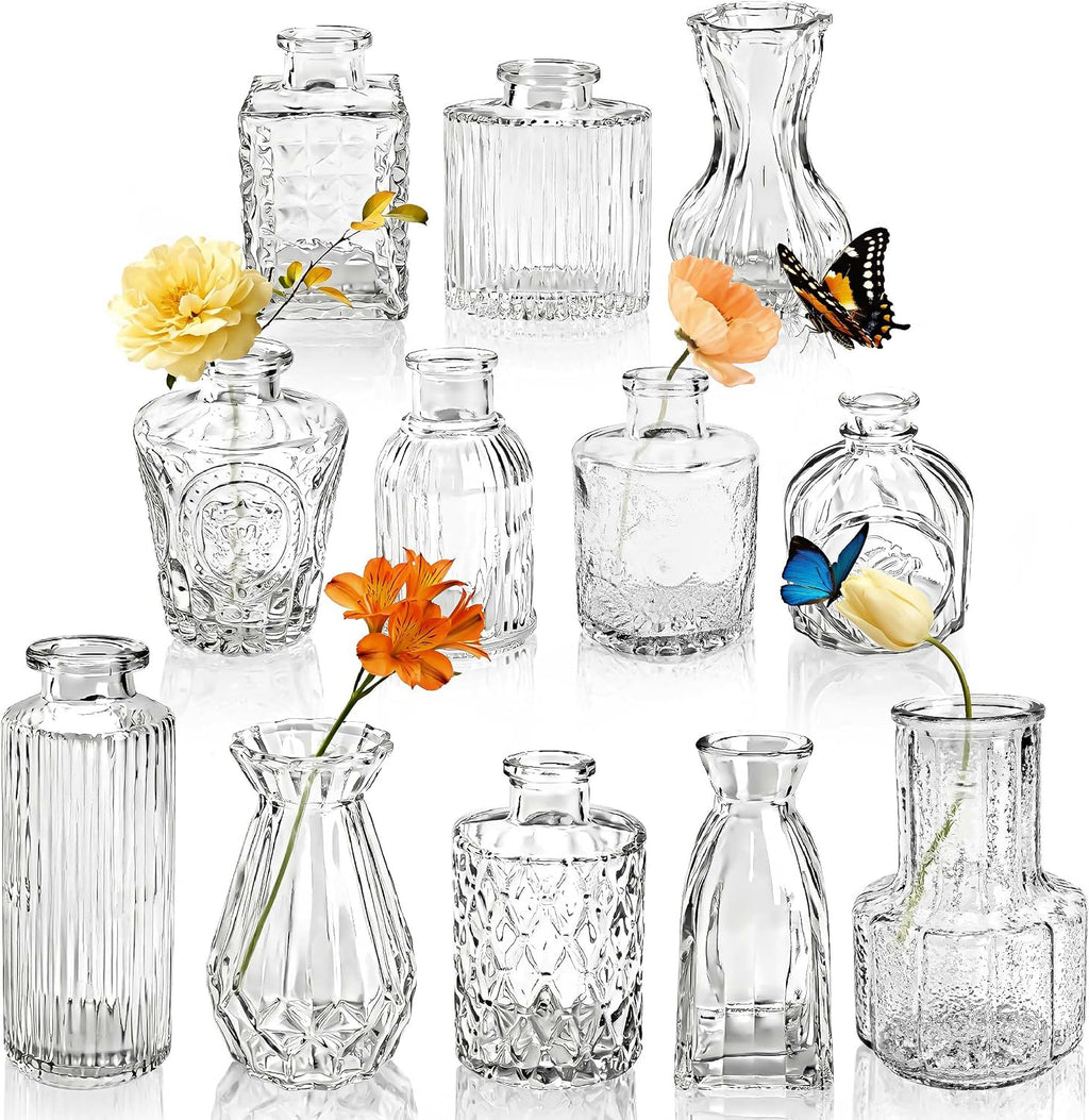 Der Rose Glass Bud Vases Set of 12, Small Bud Vases for Flowers, Rustic Wedding Centerpieces and Home Decor