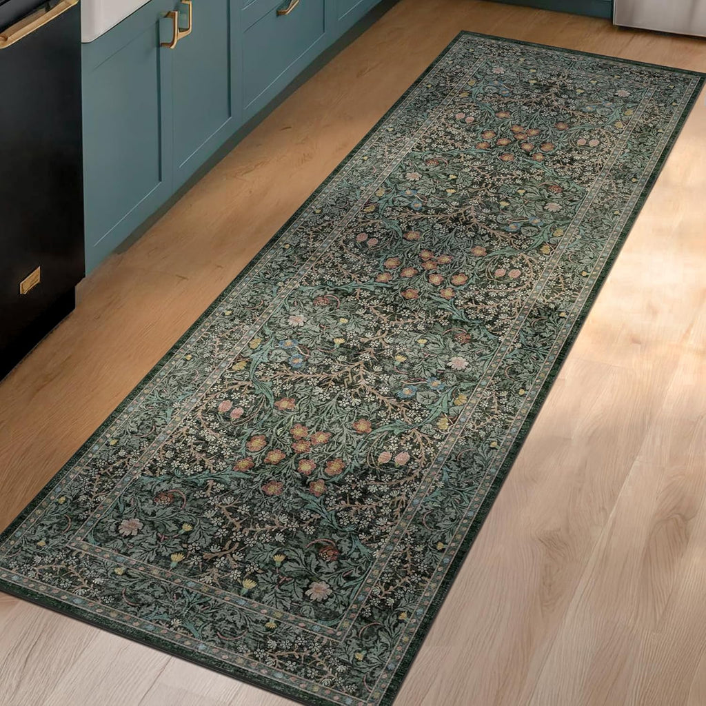 Non Slip 2x6 Kitchen Runner Rug Washable, Rubber Backed Bathroom Runner, Boho Vintage Floral Botanical Dark Green Non Skid Low Pile Soft Carpet for Entryway, Laundry Room, Hallway Mats for Floor