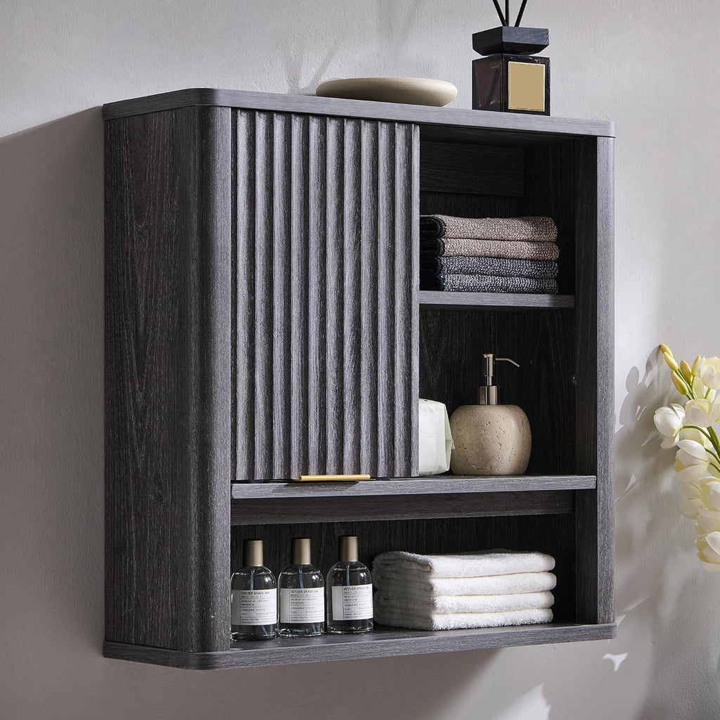 RedLemon Bathroom Wall Cabinet with Fluted Sliding Door, Modern Medicine Cabinet with Adjustable Shelf, Curved Profile Wall Mounted Storage Organizer, Dark Alder