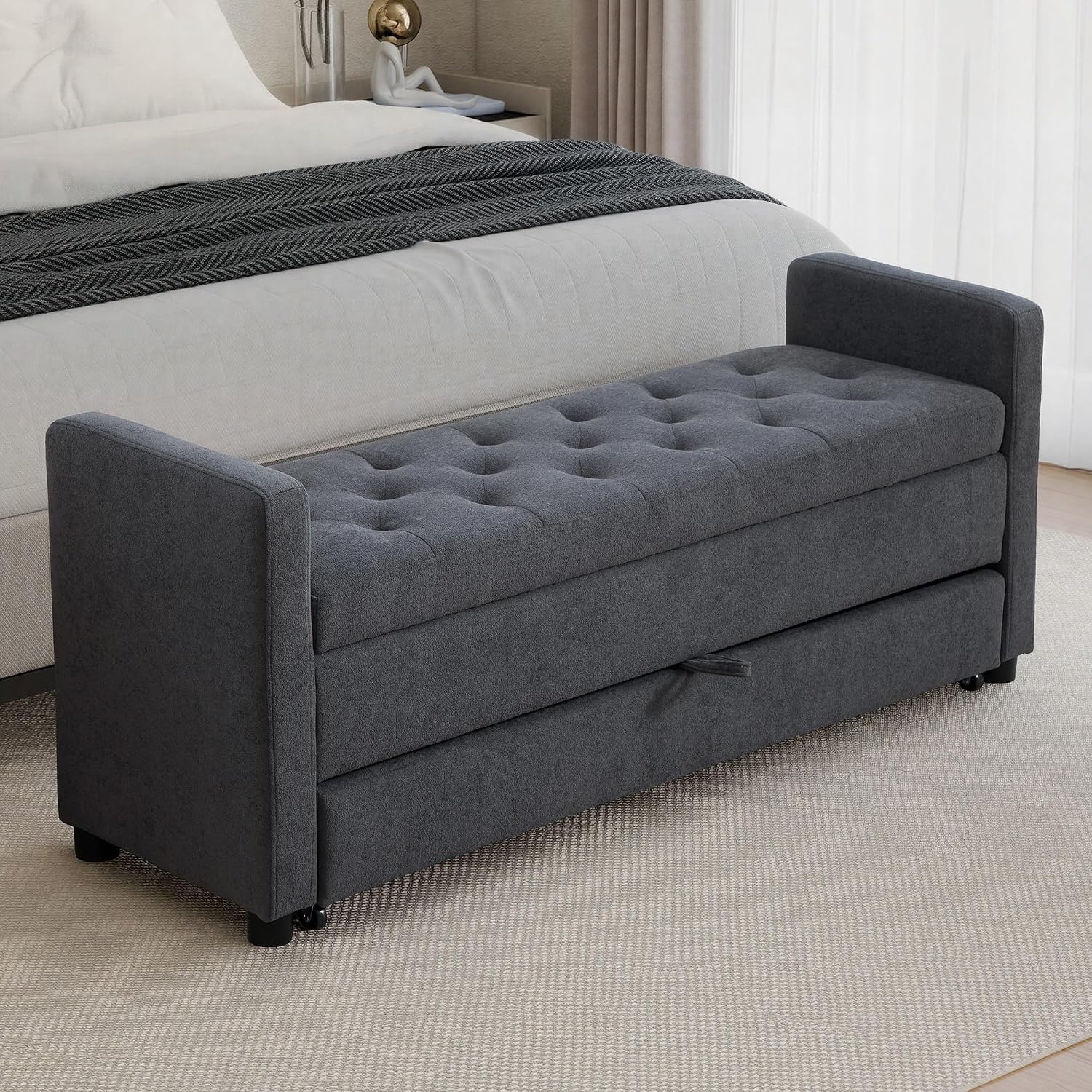 Chifee & Vingol 58.27" W Ottoman Bench with Double Storage Space, Upholstered End of Bed Storage Bench Entryway Shoe Benches,Gray