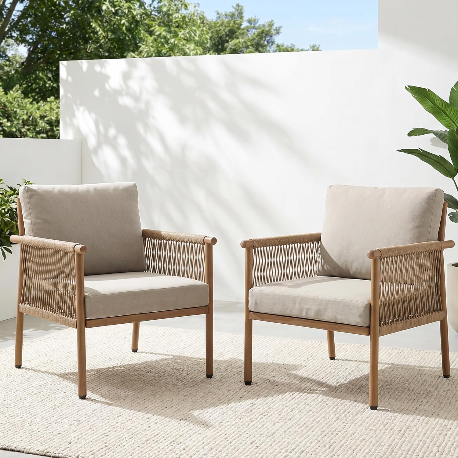Outdoor Accent Chair, Patio Lounge Chair Set of 2, Hand-Woven Rope with Waterproof Cushions, All-Weather Patio Accent Chairs for Garden, Balcony, Poolside, Grey+Mocha Rope
