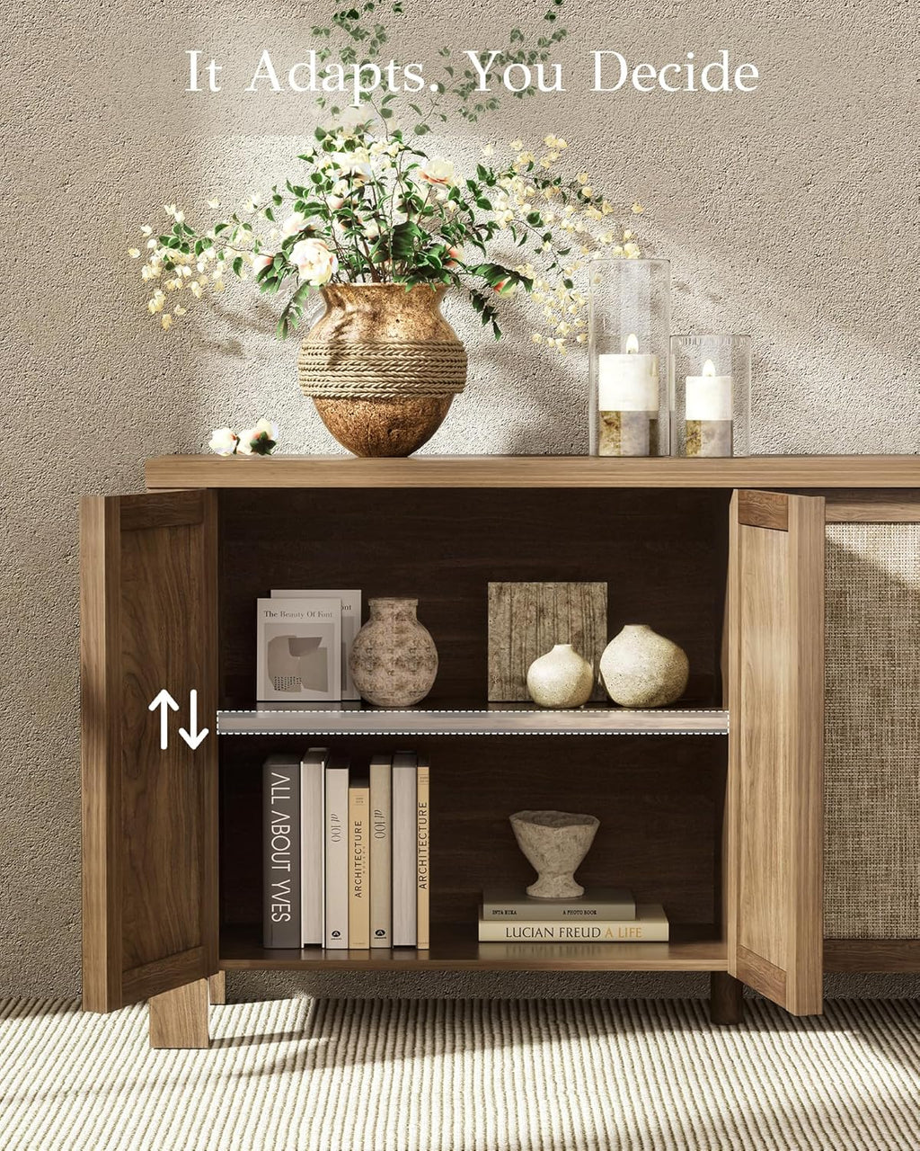 Yechen Buffet Cabinet with Storage, 63" Wide Sideboard with Solid Wood Handles and Rattan Look Accent Doors, Flexible Shelves, for Living Room, Kitchen, Natural Walnut
