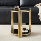 Glass Round End Table with 2-Tier Storage, Black Tempered Glass Top with Gold Stainless Steel Frame, Modern Living Room Side Table, Black Gold Accent Table, 80 LBS Capacity